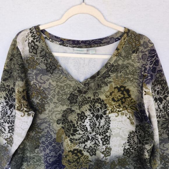 LOGO Lori Goldstein Top SZ XL Green Fairy Asymmetrical Artsy Mature 3/4 Sleeves - Picture 4 of 8